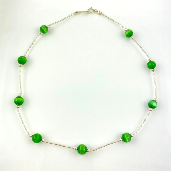 NWOT Sterling Silver 925 Green Simulated Tiger's Eye Bead Station Necklace 15.5" - Picture 1 of 5